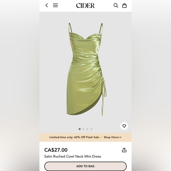 Cider Dresses Cider Satin Mini Dress Pale Green Size M New With